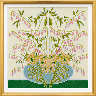 The image is a framed painting depicting a floral arrangement with pink flowers and green leaves.
