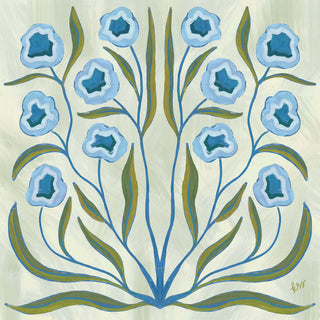 The image is a digital illustration featuring a symmetrical arrangement of blue flowers with green leaves.