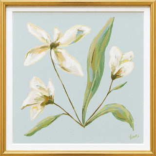 A framed painting depicting a close-up of three white flowers with green leaves against a light blue background.