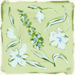 The image is a vibrant and colorful abstract painting featuring various stylized flowers and leaves in shades of green and white.