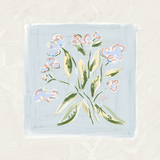 The image is a square-shaped illustration featuring a stylized floral design with various shades of blue, pink, and green flowers and leaves.