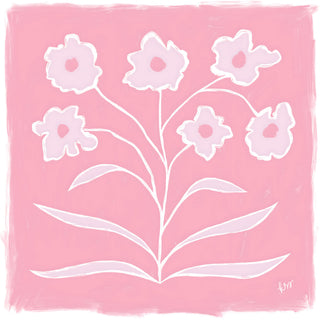 A pink square background with a stylized floral design consisting of white flowers and leaves.
