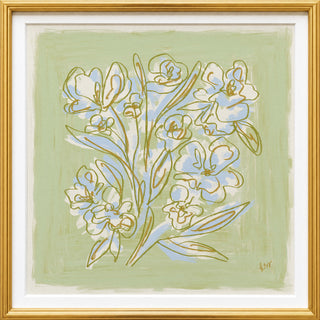 The image is a framed painting depicting a stylized arrangement of flowers in various shades of blue and green against a light green background.