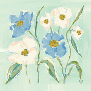 The image is a vibrant and colorful painting featuring a variety of flowers in shades of blue, white, and green. The flowers are depicted in a loose, sketchy style, with bold brushstrokes and a sense of movement and energy. The painting is a lively and dynamic representation of nature, with the flowers as the focal point and the background providing a soothing green color that complements the overall composition.