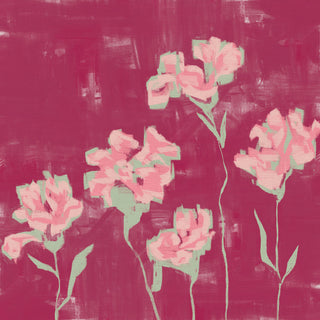 The image is an abstract painting featuring stylized pink flowers against a red background.