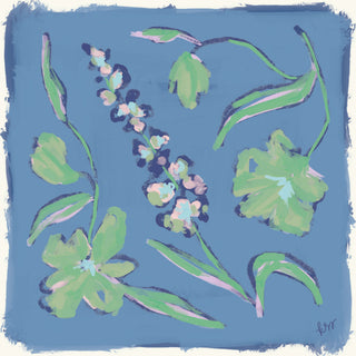 The image is a vibrant and colorful abstract painting featuring various stylized flowers and leaves in shades of green, blue, and pink against a blue background.