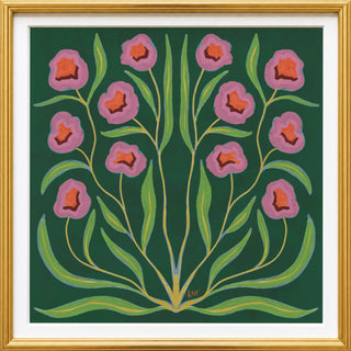 The image is a framed artwork featuring a vibrant floral design with pink flowers and green leaves against a dark green background.