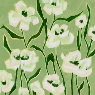 The image is an abstract painting featuring a variety of white flowers with green stems against a green background.