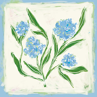 The image is a square painting featuring a group of blue flowers with green leaves.