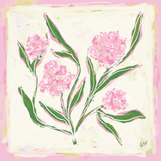The image is a square-shaped painting featuring a group of pink flowers with green leaves.