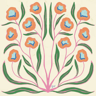 The image is a vibrant and colorful illustration featuring a symmetrical arrangement of orange flowers with green leaves.