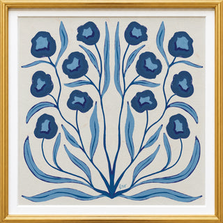 The image is a framed artwork featuring a symmetrical design of blue flowers and leaves.