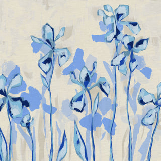 The image is an abstract painting featuring stylized blue flowers or flowers with blue and white shapes.