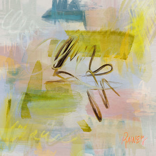 The image is an abstract painting with a mix of yellow, green, and blue colors, featuring various brushstrokes and splatters.