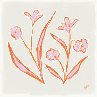 The image is a simple, abstract illustration featuring stylized pink flowers and leaves in a minimalist, sketchy style.