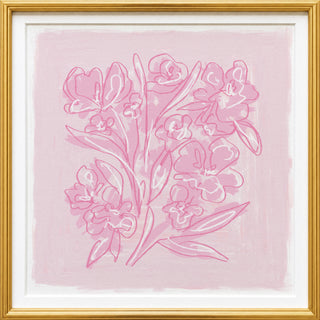 The image is a framed artwork depicting a bouquet of pink flowers against a pink background.