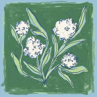 The image is a digital illustration featuring a stylized depiction of white flowers with green leaves against a green background.