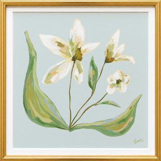 A framed painting depicting a close-up of three white flowers with green leaves against a light blue background.