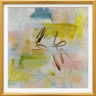 The image is an abstract painting with a mix of yellow, green, and blue colors, featuring various brushstrokes and textures.