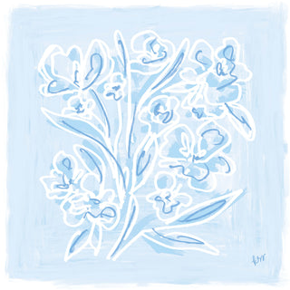 The image is a digital illustration featuring a stylized floral arrangement with delicate white flowers against a light blue background.