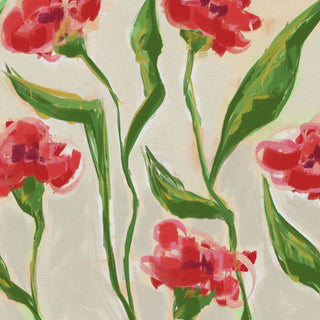 The image is a vibrant and colorful abstract painting featuring a variety of red flowers with green leaves. The flowers are arranged in a way that creates a sense of movement and energy, with the green leaves adding a contrasting touch to the overall composition.