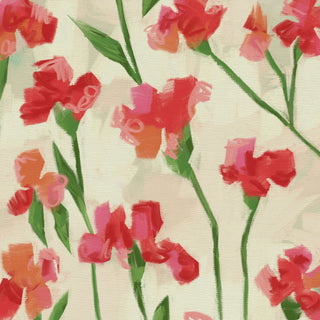 The image is a vibrant and colorful abstract painting featuring a variety of red and pink flowers with green stems, creating a lively and dynamic composition.