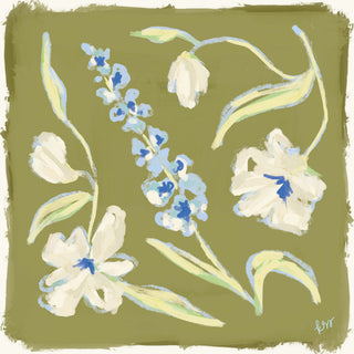 The image is a digital illustration featuring a variety of blue and white flowers and leaves against a green background.
