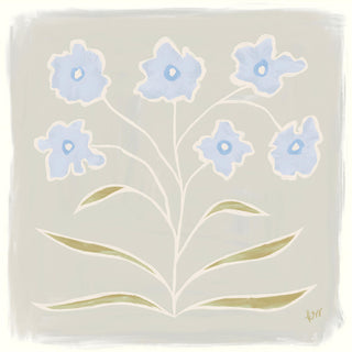 A digital illustration of a stylized floral design with blue flowers and green leaves against a light gray background.