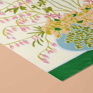 The image is a vibrant and colorful painting featuring a variety of flowers and foliage in shades of pink, green, and yellow.