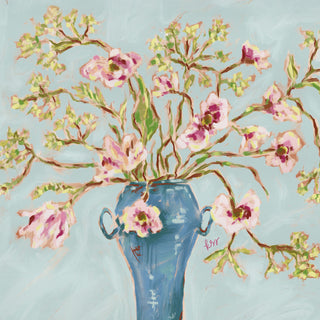 The image is a painting of a vase filled with pink flowers, set against a light blue background.