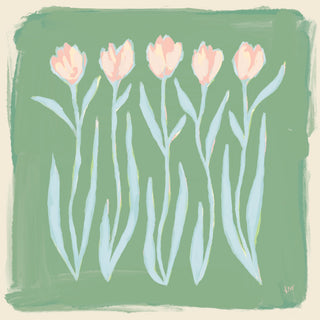 The image is a painting of five pink flowers arranged in a row against a green background.
