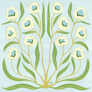 The image is a stylized floral design featuring a symmetrical arrangement of white flowers with green leaves against a light blue background.