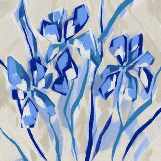 The image is an abstract painting featuring blue and white geometric shapes and lines, creating a visually striking and dynamic composition.