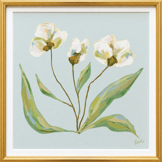 The image is a framed painting depicting three white flowers with green leaves against a light blue background.