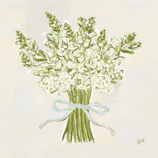 A bouquet of white flowers tied together with a blue ribbon.