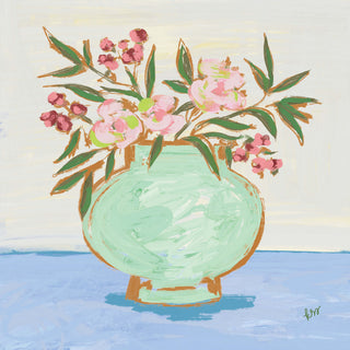 The image is a vibrant painting of a vase filled with pink flowers and green leaves, set against a light blue background.
