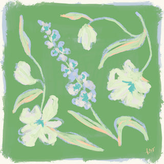 The image is a vibrant and colorful abstract painting featuring various flowers and leaves in shades of green and white against a solid green background.