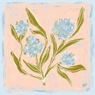 The image is a vibrant illustration featuring a group of blue flowers with green leaves against a peach-colored background.