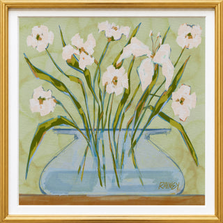 A framed painting depicting a vase filled with white flowers against a green background.