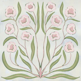 The image is a floral pattern featuring a symmetrical arrangement of pink flowers with green leaves.