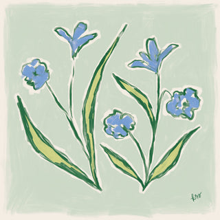 The image is a digital illustration featuring stylized blue flowers with green stems against a light green background.