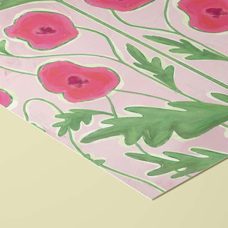 a vibrant and colorful abstract painting of pink flowers with green leaves, creating a lively and cheerful visual.