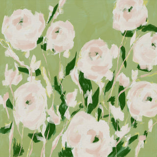 The image is an abstract painting featuring large, white flowers with green leaves against a green background.