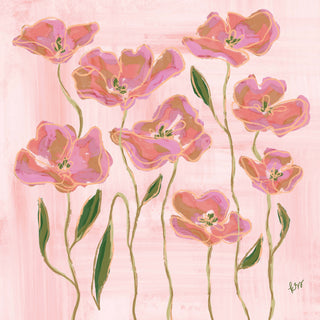 The image is a vibrant and colorful painting featuring a variety of pink flowers with green leaves, arranged in a playful and whimsical manner.