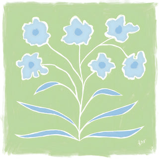 The image is a digital illustration featuring a stylized blue flower with five petals, set against a green background.