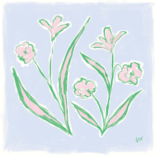 The image is a digital illustration featuring stylized pink flowers with green stems against a light blue background.