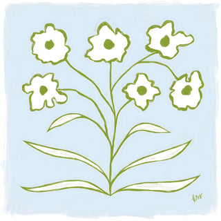 A simple illustration of a flower with six petals, depicted in a stylized manner with green outlines against a light blue background.