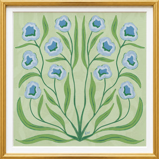 The image is a framed artwork featuring a stylized floral design with blue flowers and green leaves.