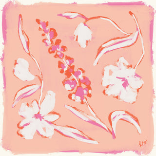The image is a vibrant and colorful abstract artwork featuring various stylized flowers and leaves in shades of pink and white against a peach background.