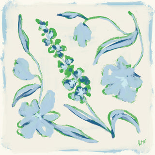 The image is a digital illustration featuring various stylized flowers and leaves in shades of blue and green.